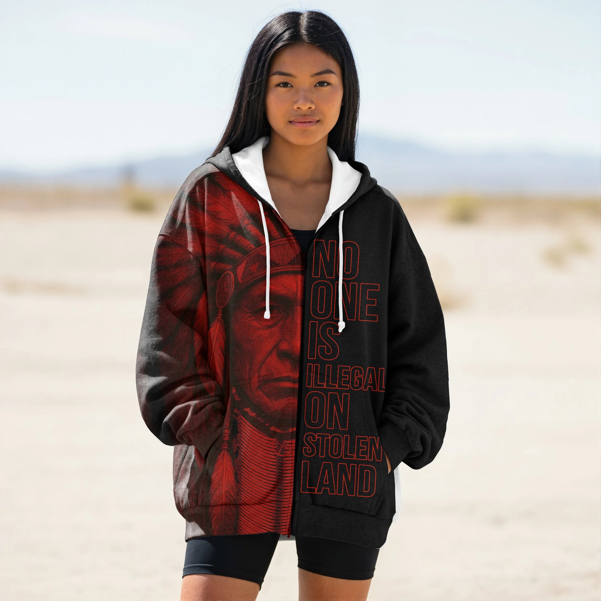 Front-on shot of a female model wearing a black and red zip-up hoodie emblazoned with the phrase “NO ONE IS ILLEGAL ON STOLEN LAND” across the chest