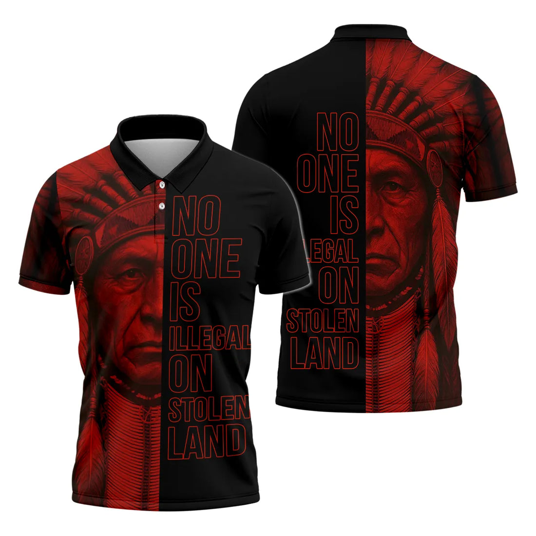 Black polo shirt with red geometric patterns on sleeves and hem; back showcases a warrior image and the text “No One Is Illegal on Stolen Land.”