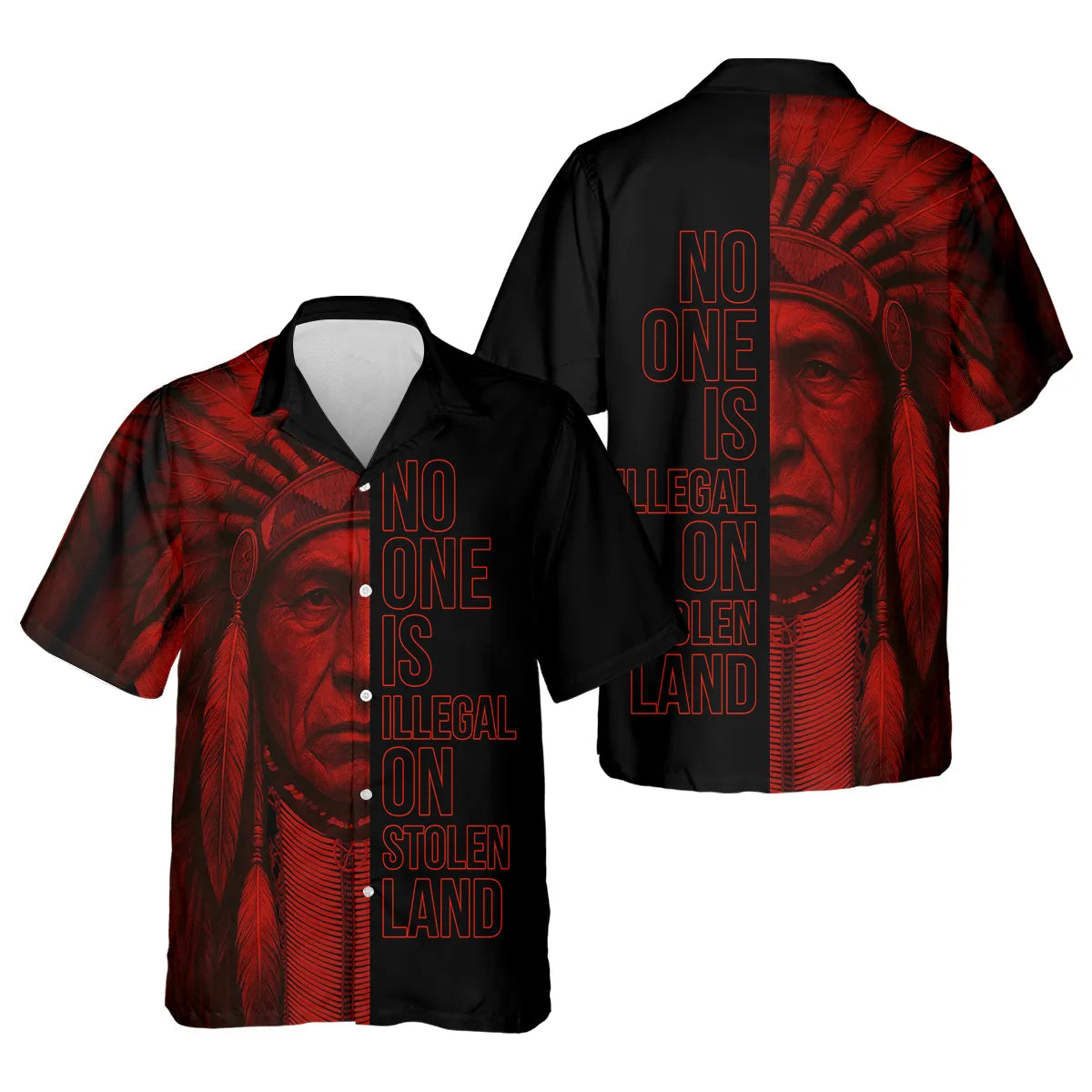 Black short‑sleeve camp shirt with red geometric designs on the shoulders and hem; back art includes a warrior’s face with the slogan “No One Is Illegal on Stolen Land.”