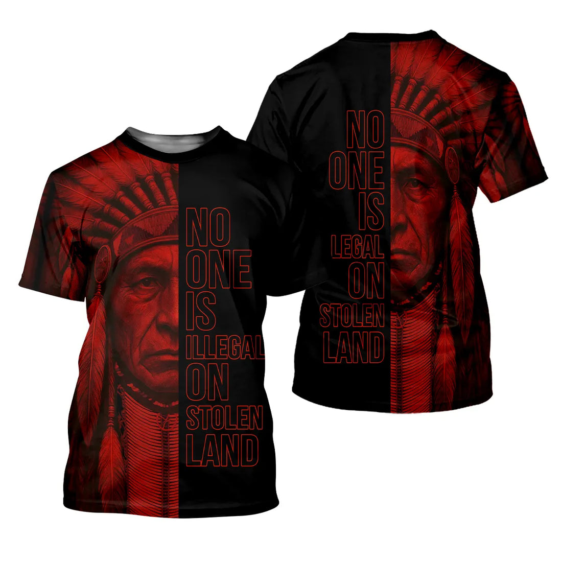 Black polo shirt with red geometric patterns on sleeves and hem; back showcases a warrior image and the text “No One Is Illegal on Stolen Land.”