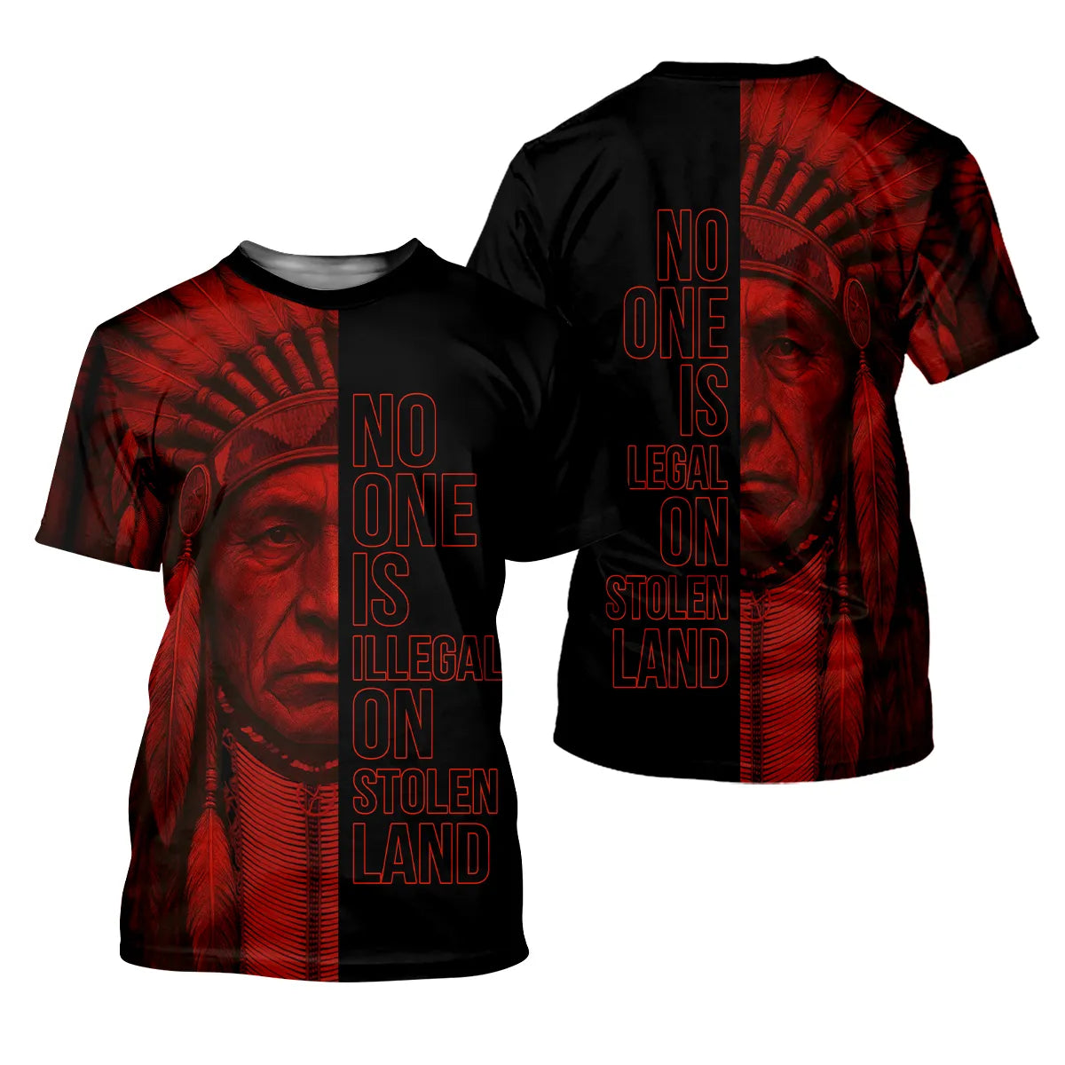 Black crewneck t‑shirt with red geometric details on sleeves and hem; back features a warrior portrait with the message “No One Is Illegal on Stolen Land.”