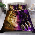 Close-up of Northeast Woodlands Dreamcatcher Wolf bedding showing detailed wolf face and dreamcatcher feathers.