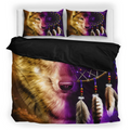 Northeast Woodlands Dreamcatcher Wolf bedding set showing full bed with vibrant mystical wolf and dreamcatcher design.