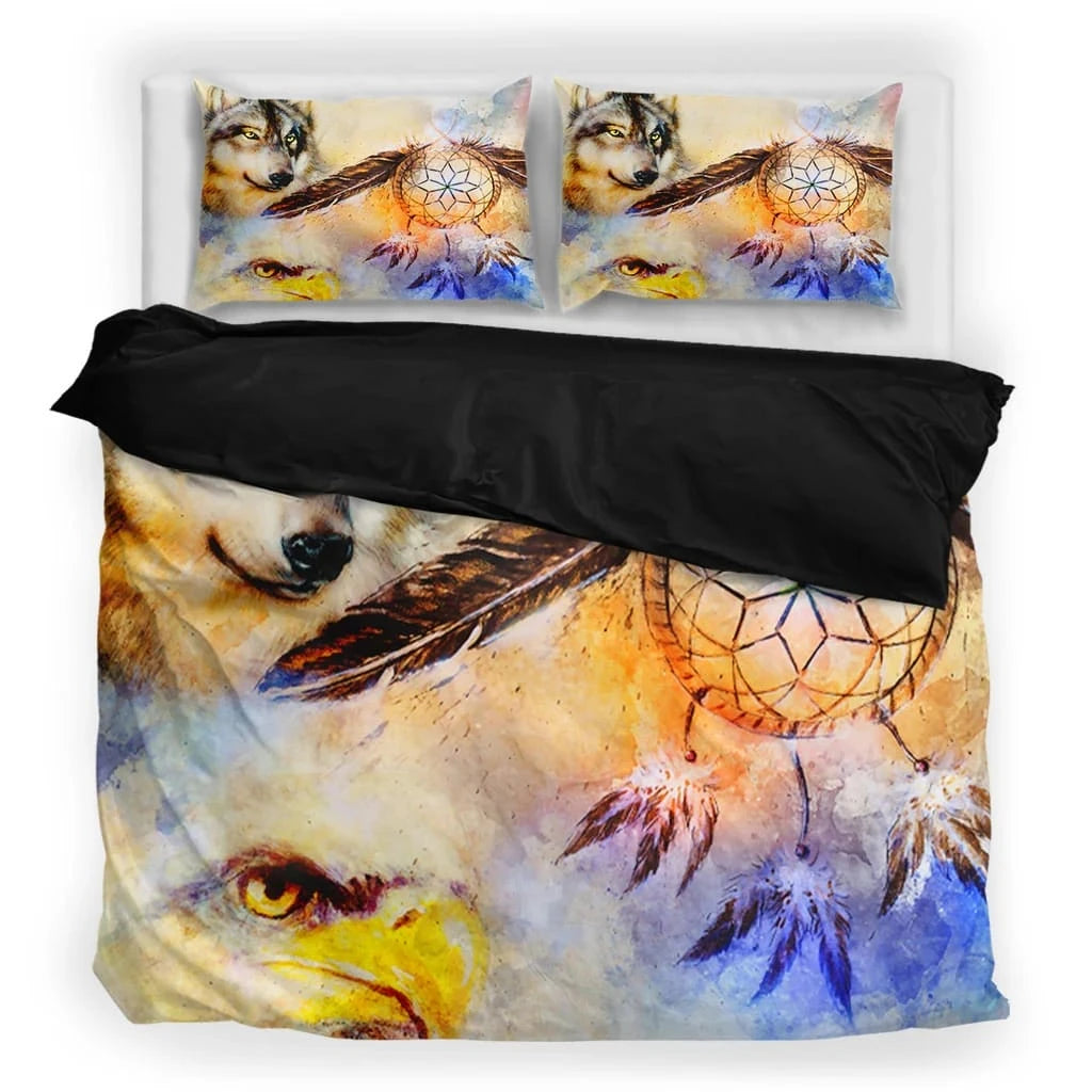 Double bedding set with Northeast Woodlands Native American dreamcatcher print, pillows included, showcasing wolves and eagle art.