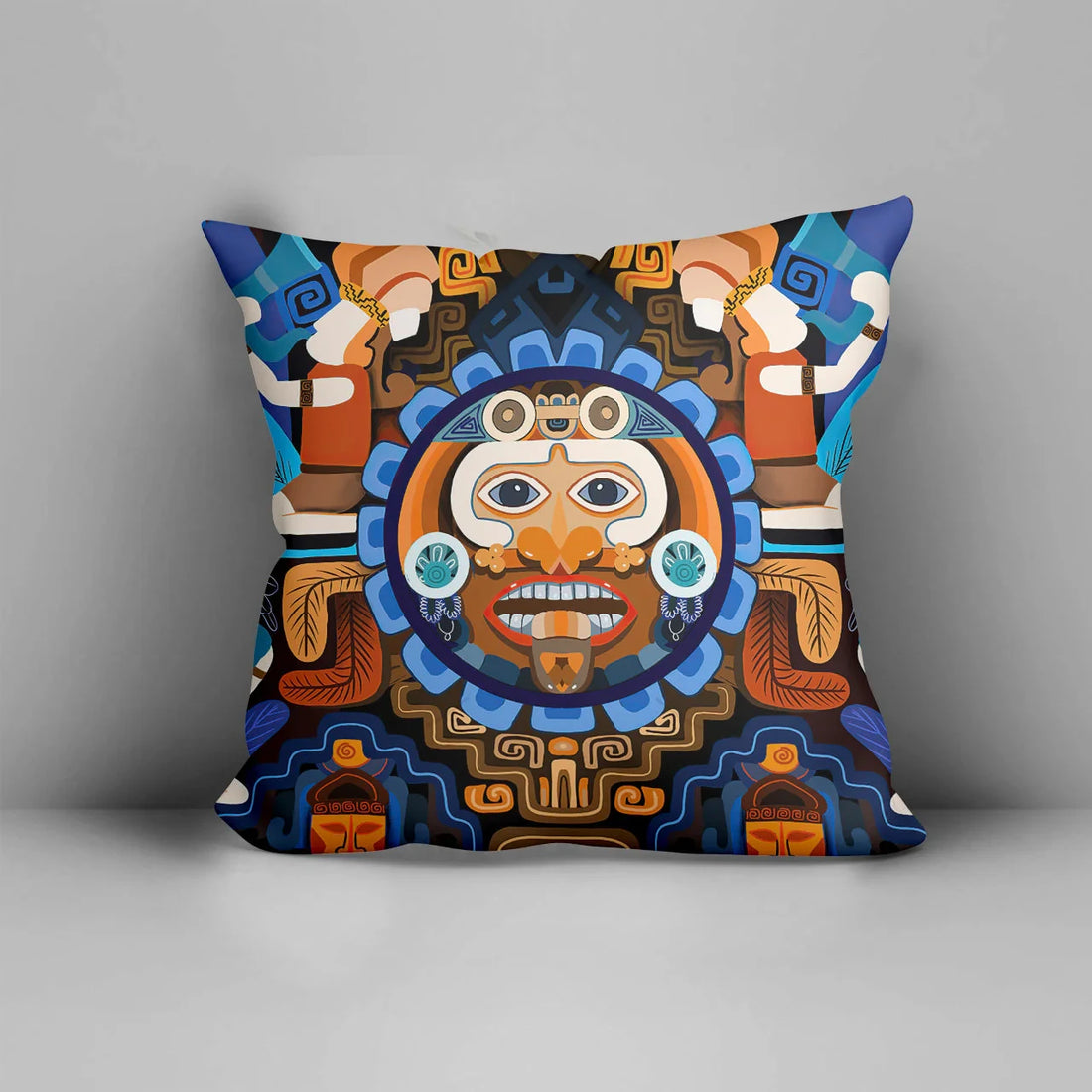 Decorative throw pillow featuring Pacific Native American tribal design with vibrant blues and earthy tones