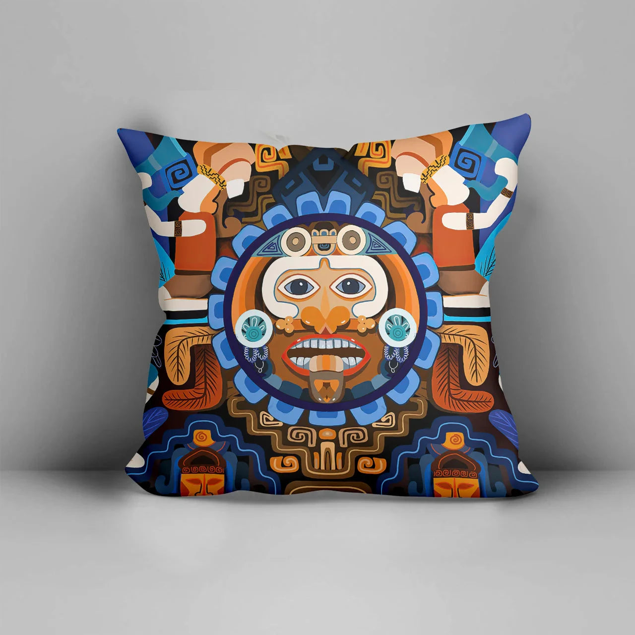 Pacific Native American style decorative throw pillow displayed on a white chair with matching tribal cushion behind