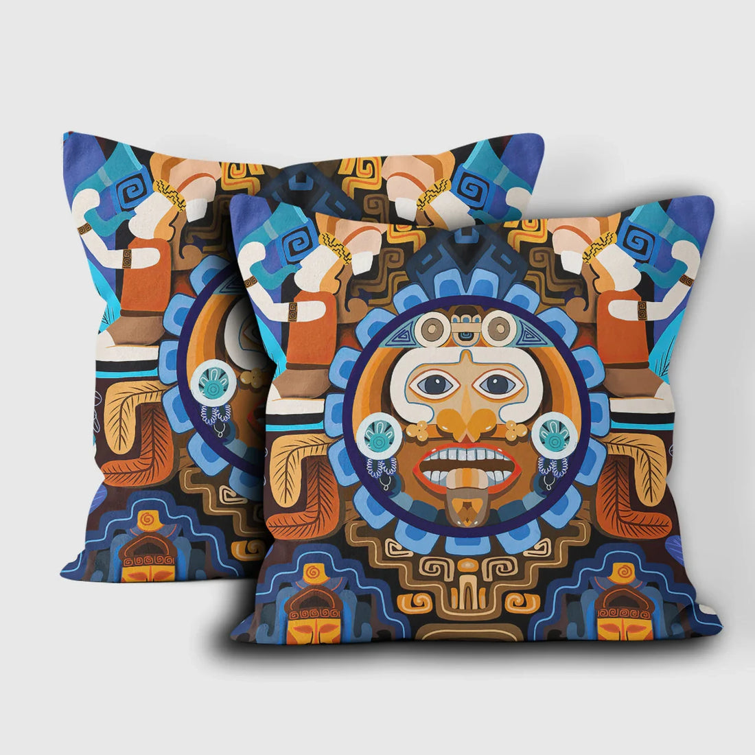 Decorative throw pillow featuring Pacific Native American tribal design with vibrant blues and earthy tones