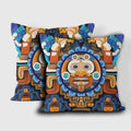 Decorative throw pillow featuring Pacific Native American tribal design with vibrant blues and earthy tones
