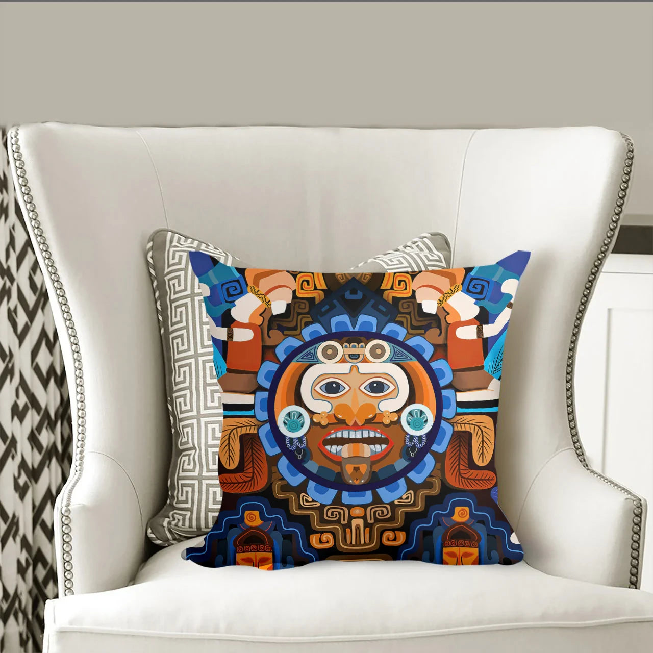 Close-up of Pacific Native American inspired throw pillow showing detailed tribal pattern and vibrant colors