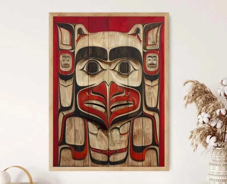 Framed Pacific Native American totem canvas art with red, black, and natural wood tribal design for home decor