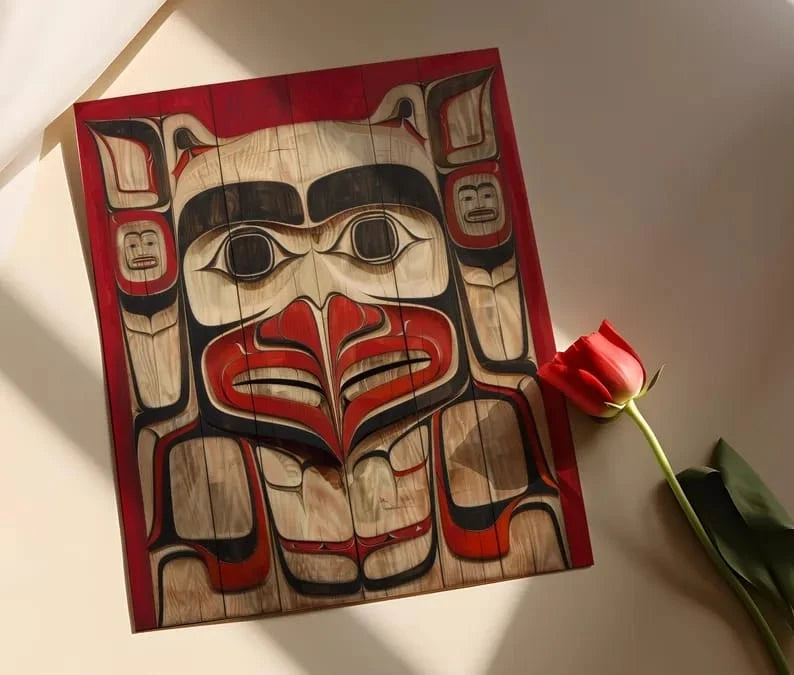 Framed Pacific Native American totem canvas art with red, black, and natural wood tribal design for home decor