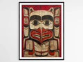 Pacific Native American totem canvas wall art with bold red and black tribal design hanging on a white wall with cotton decor