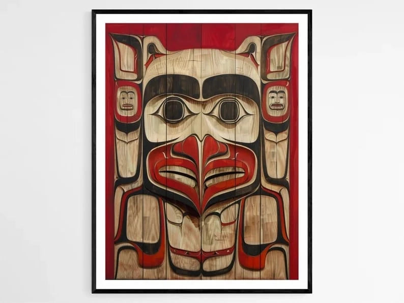 Pacific Native American totem canvas wall art with bold red and black tribal design hanging on a white wall with cotton decor