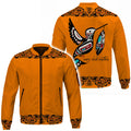 Orange bomber jacket with Pacific Northwest hummingbird motif and tribal border, front and back views