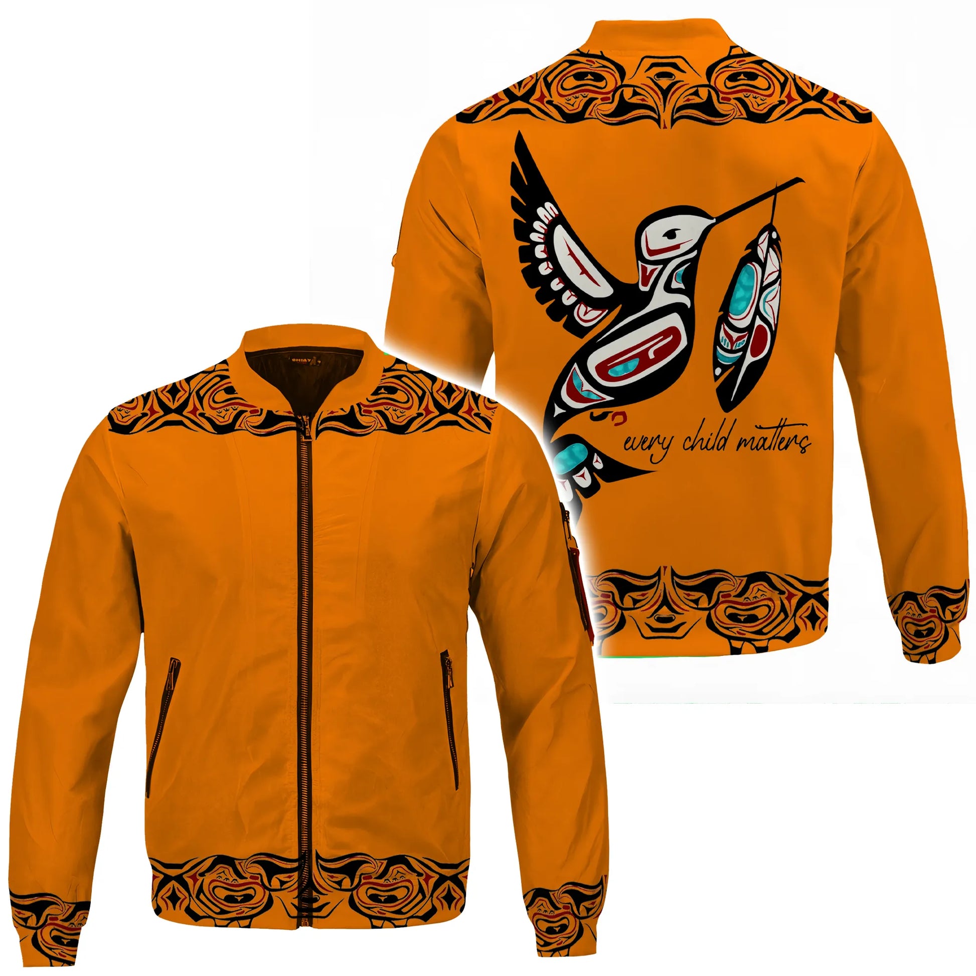 Orange bomber jacket with Pacific Northwest hummingbird motif and tribal border, front and back views