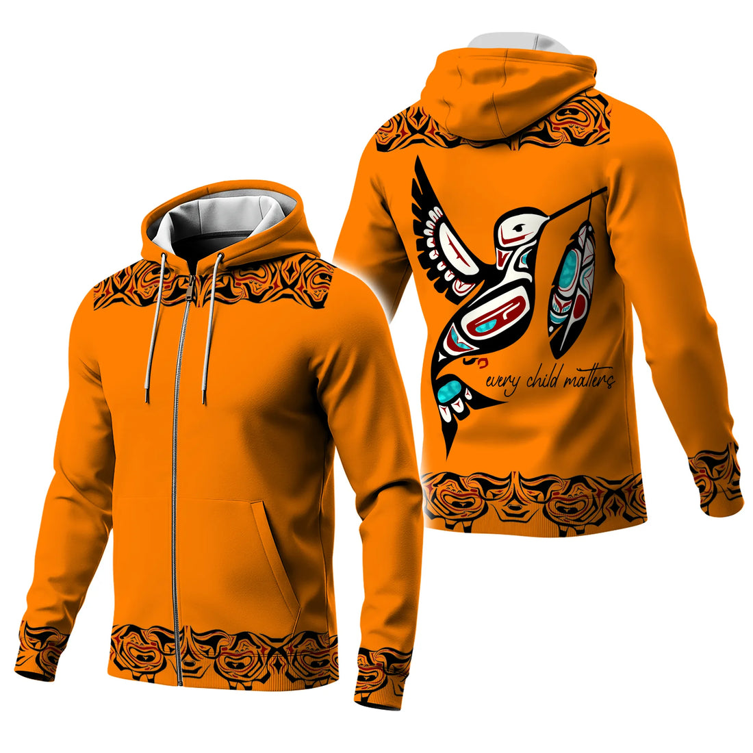 Interior fleece lining view and back of orange hoodie with hummingbird and tribal art accents