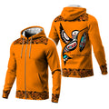 Interior fleece lining view and back of orange hoodie with hummingbird and tribal art accents