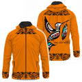 Lightweight orange windbreaker with hummingbird graphic and coastal tribal linework, front and back views