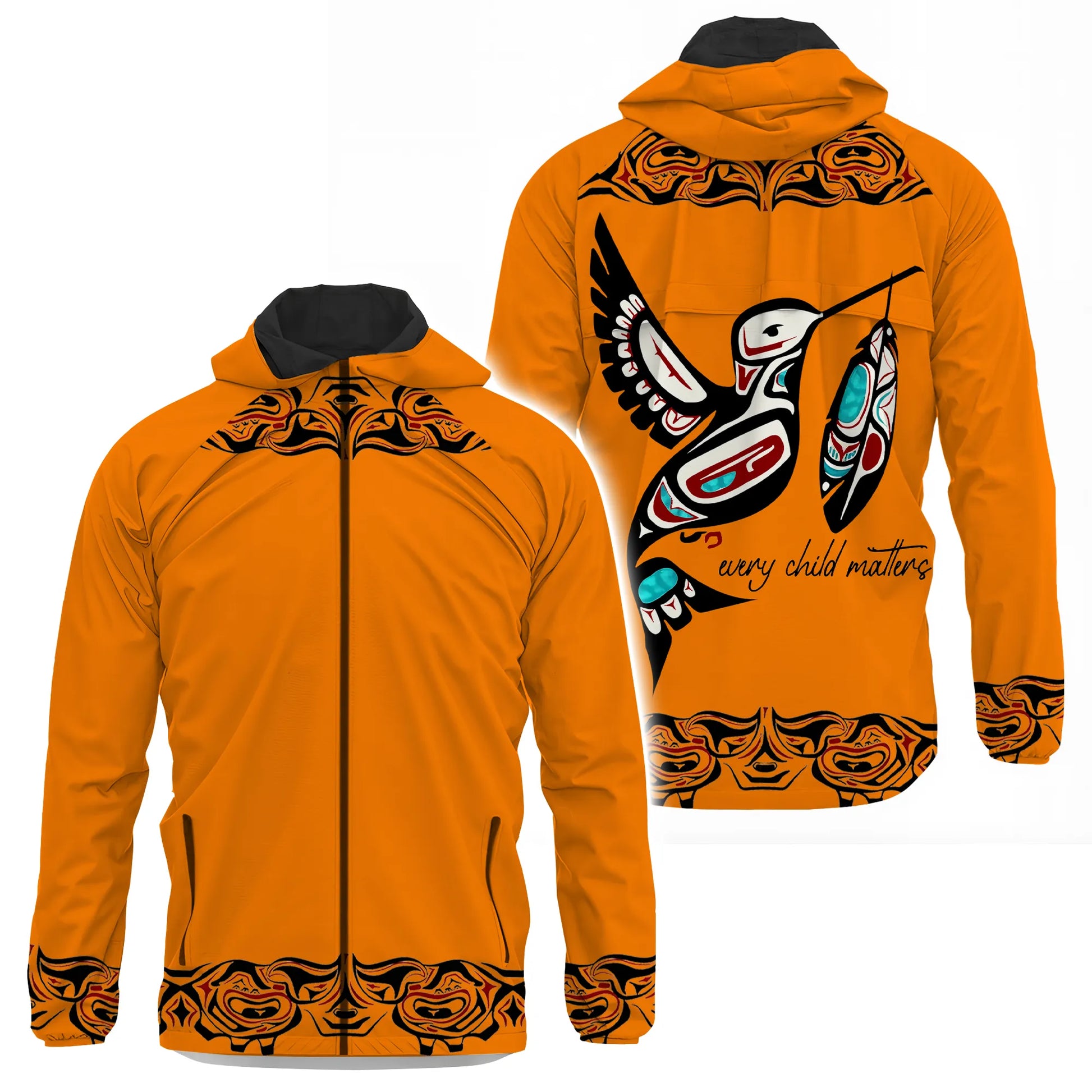 Lightweight orange windbreaker with hummingbird graphic and coastal tribal linework, front and back views