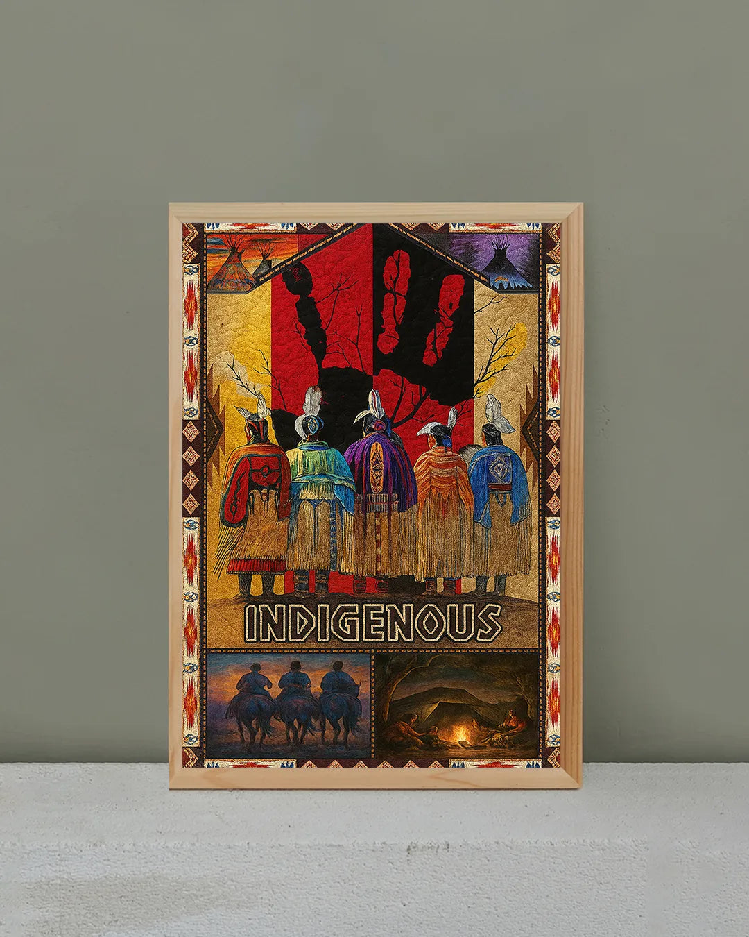 Interior vignette of the canvas print leaning against a wall