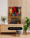 The canvas print displayed on a mantel beside dried florals and a potted plant, emphasizing its rich cultural imagery.