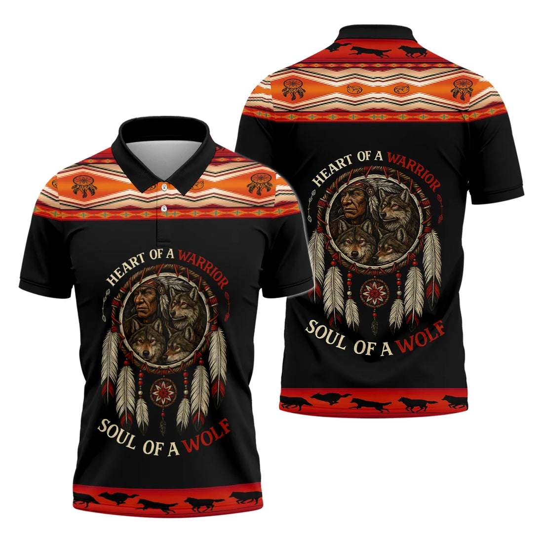 A fleece jacket with a bold Native American-inspired design combining wolf and warrior imagery with a dreamcatcher motif.
