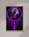 Interior vignette of the dreamcatcher wolf print leaning against a wall