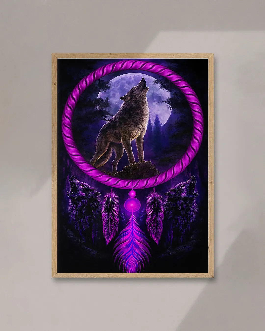 Interior vignette of the dreamcatcher wolf print leaning against a wall