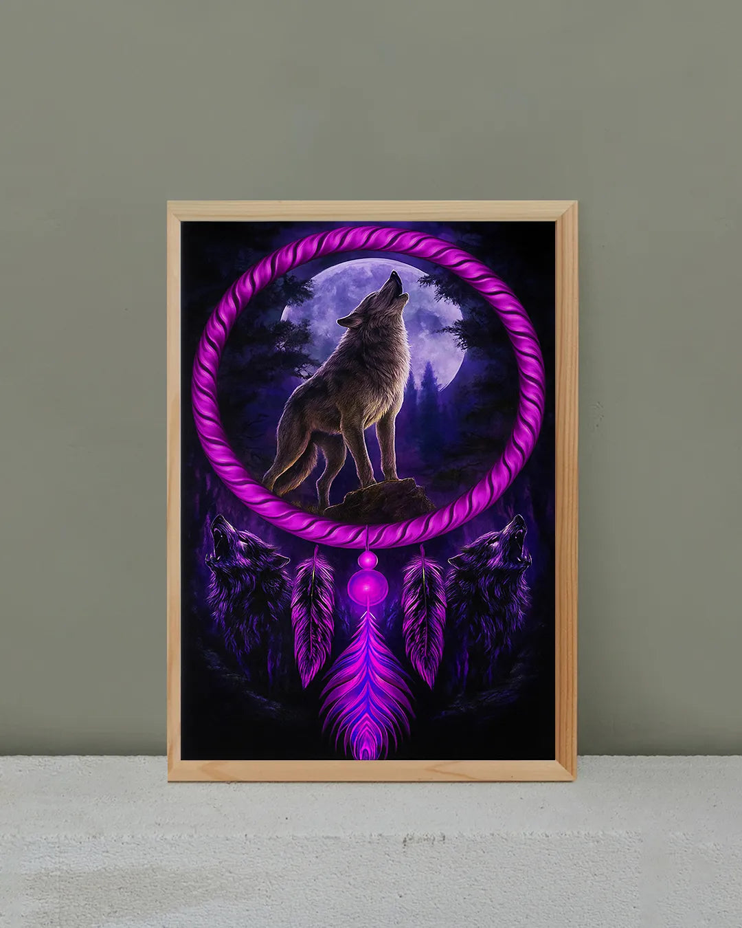 Close‑up of the wolf dreamcatcher canvas print in a natural wood frame, showcasing vivid purples and detailed feather textures.