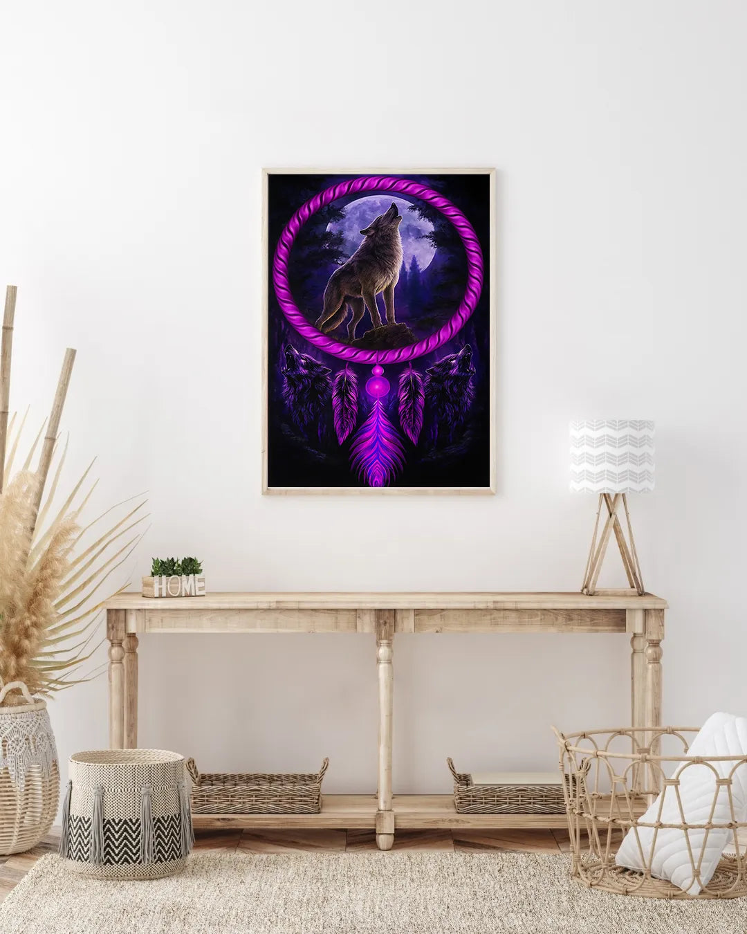 he canvas print styled on a sideboard next to a vase of greenery and a small lamp, highlighting its striking purple hues.