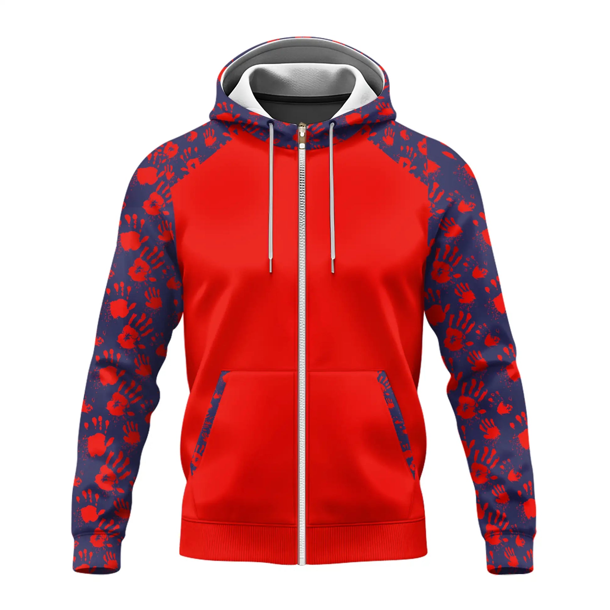 Front view of red tribal jacket with bold handprint symbols
