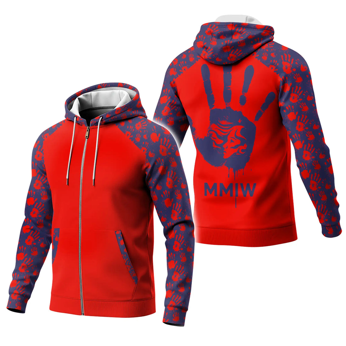 Indigenous woman standing outdoors in profile wearing a red and navy jacket with a repeated red handprint pattern on the sleeves and hood and a large navy handprint graphic featuring a female face silhouette and the letters “MMIW” on the back.