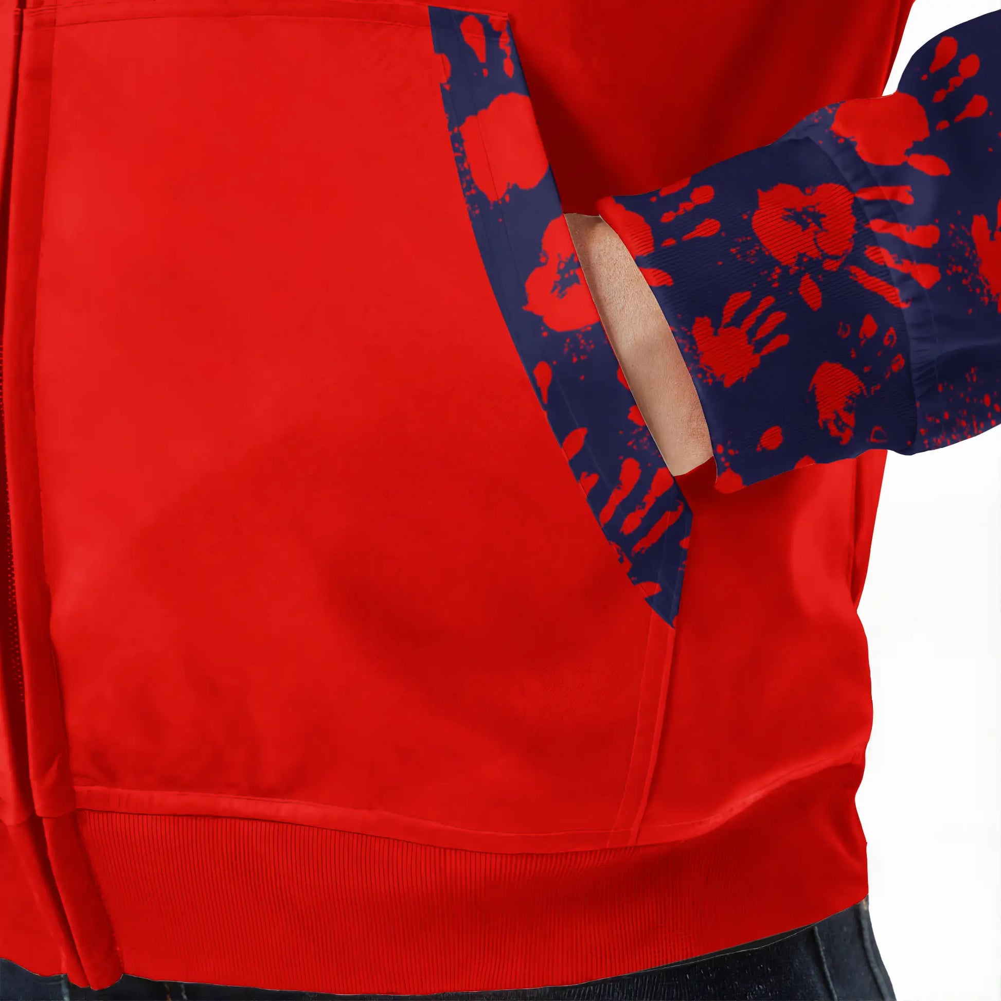 Side angle of red and navy tribal jacket with cultural print