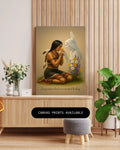 The art print styled on a wooden surrounded by a vase of dried flowers and a potted plant, emphasizing its warm tribal color palette.