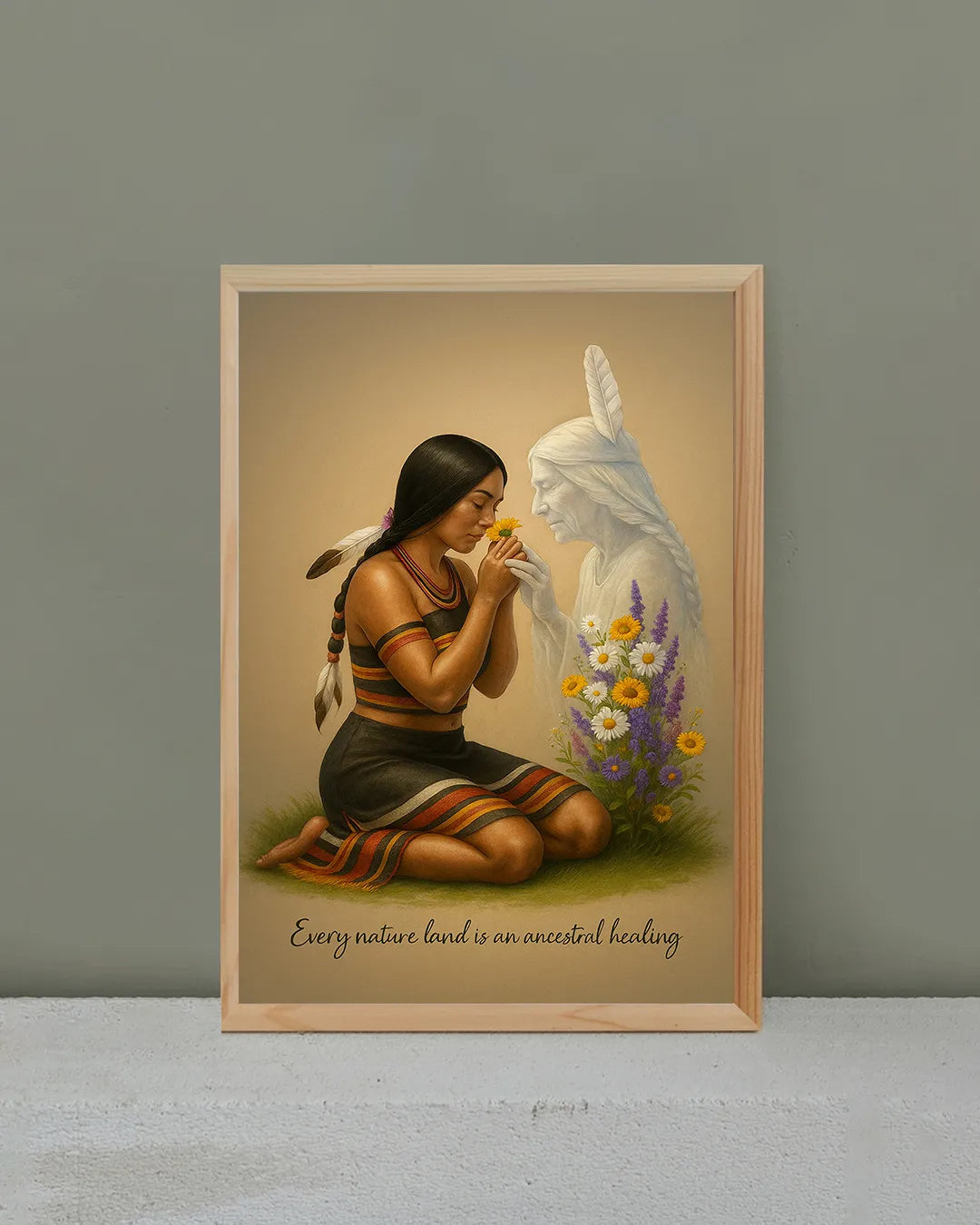 The full art print displayed against a neutral background, featuring a Native American woman kneeling with a single yellow flower and an ancestral spirit.