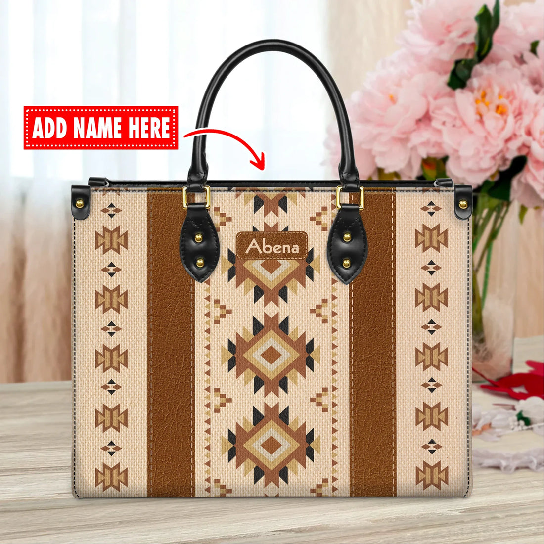 Personalized canvas tote bag with brown Southwest geometric pattern and custom name