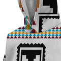 Close-up view of the Southwest Geometry Snug Hoodie showing the soft fleece-lined hood and intricate geometric tribal pattern in turquoise, maroon, mustard, and black on a white background.