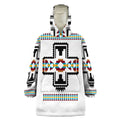 Front view of the Southwest Geometry Snug Hoodie featuring bold black-and-white cross motif with colorful Southwestern geometric 