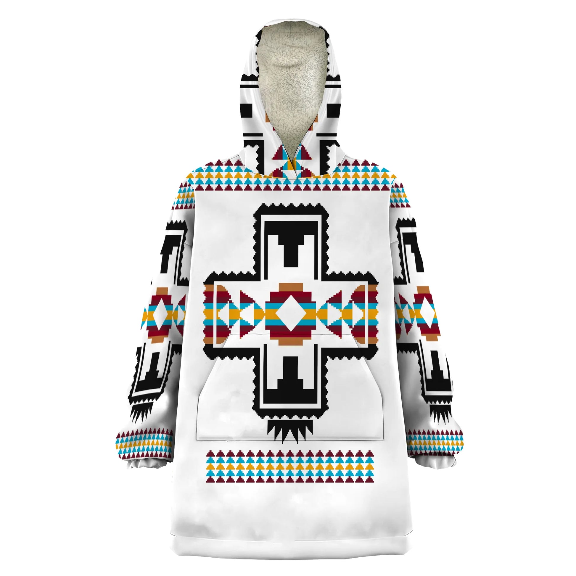 Front view of the Southwest Geometry Snug Hoodie featuring bold black-and-white cross motif with colorful Southwestern geometric 