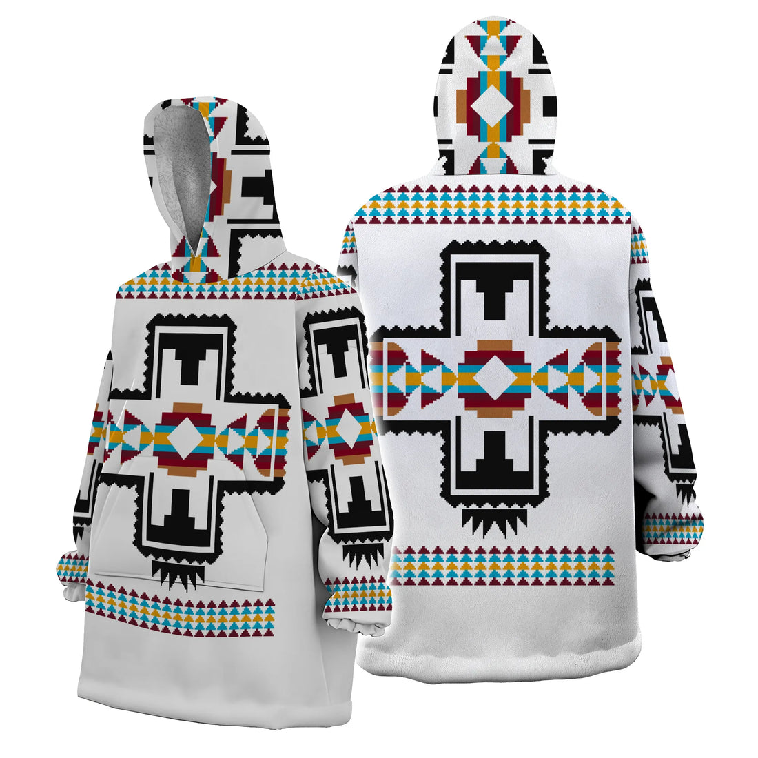 Model posing in a white wearable blanket hoodie decorated with black Zia sun symbols and buffalo silhouettes, hood up for extra warmth
southwest-geometry-snug-hoodie