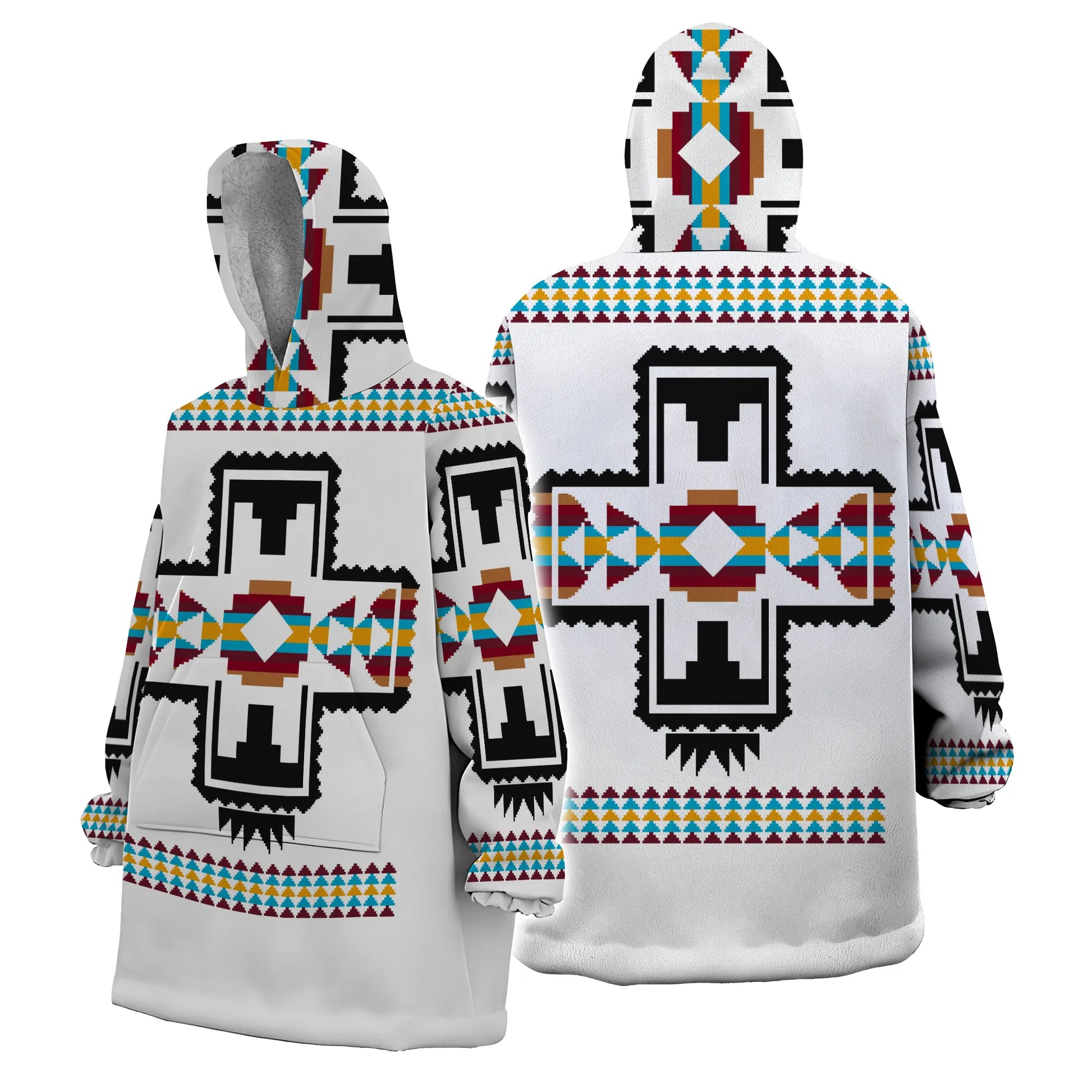 Front and back views of a snug hoodie featuring a white background with a bold southwestern geometry pattern, including a large black cross motif outlined in turquoise, red, and brown triangles, and horizontal rows of multicolored triangular shapes along the hem and sleeves.