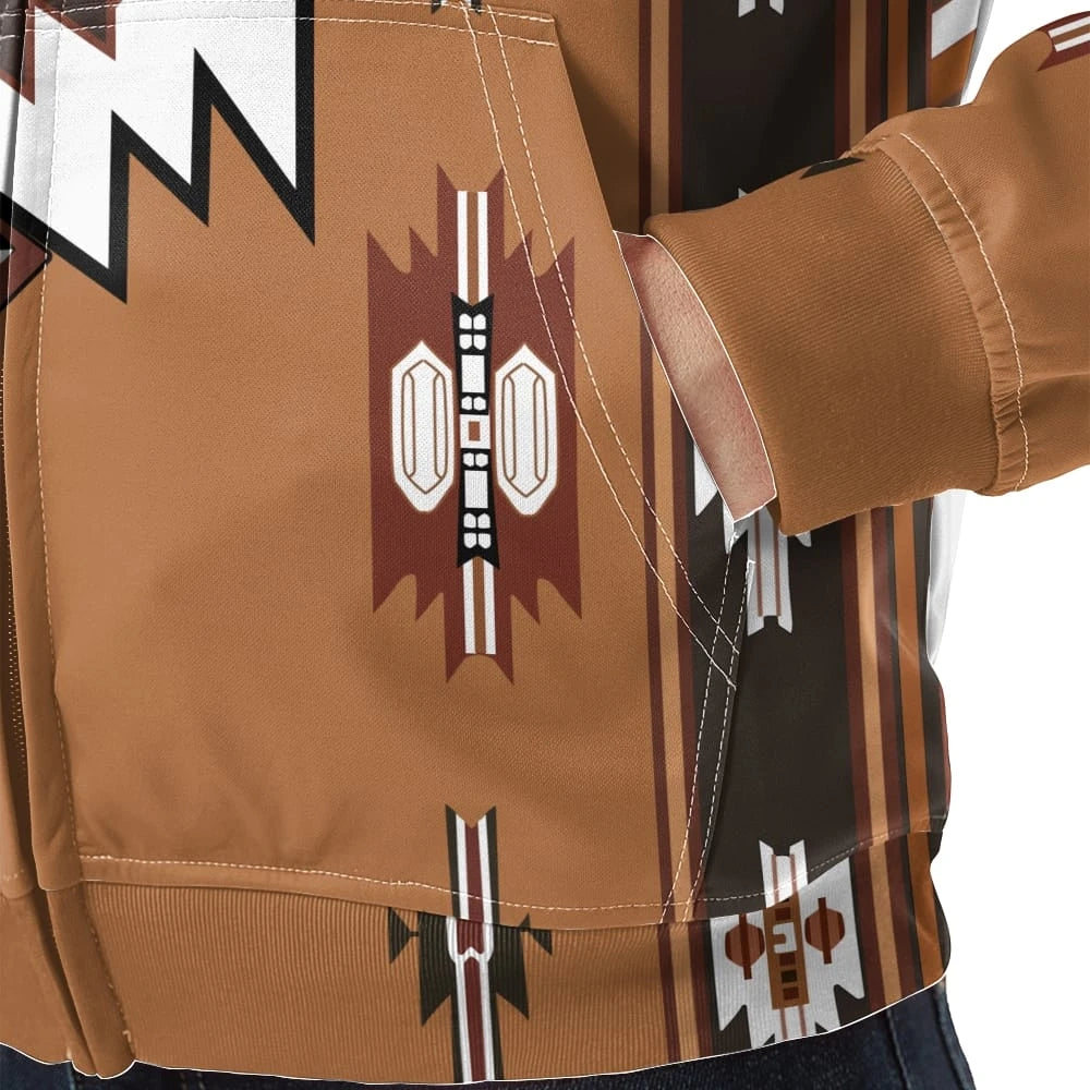 Close-up of the fleece jacket’s side pocket area, revealing detailed stitching and a small tribal motif in brown and white on a tan background.