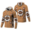 Front and back view of a fleece hoodie jacket featuring a Southwestern Native American geometric pattern in brown, white, and rust tones.