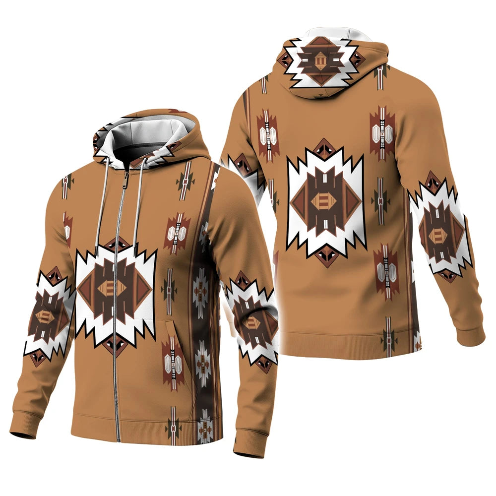Front and back view of a fleece hoodie jacket featuring a Southwestern Native American geometric pattern in brown, white, and rust tones.