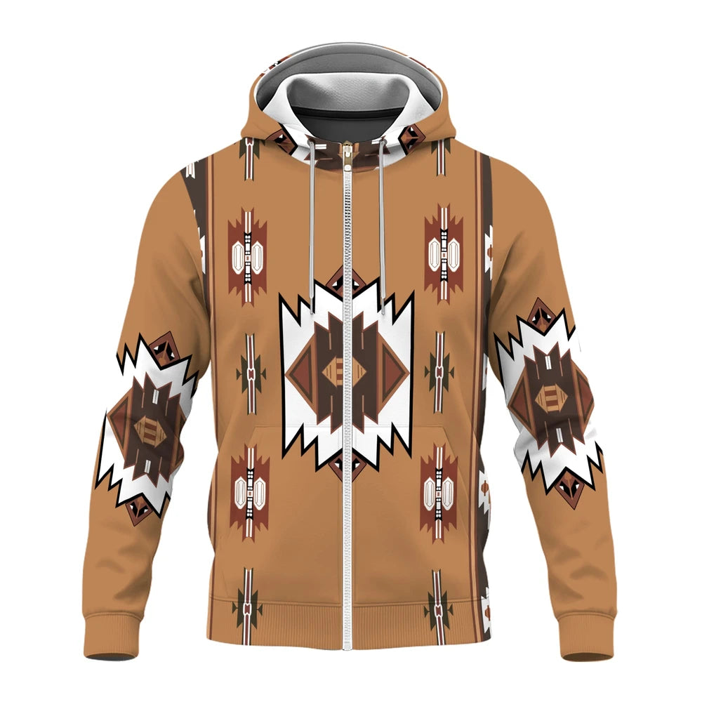 Front view of a fleece hoodie jacket adorned with large central diamond motifs and smaller tribal symbols, set against a warm tan background.