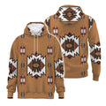 Hoodie with hood up, showcasing vertical tribal stripes and diamond shapes in earth tones, highlighting the front pocket and zipper.