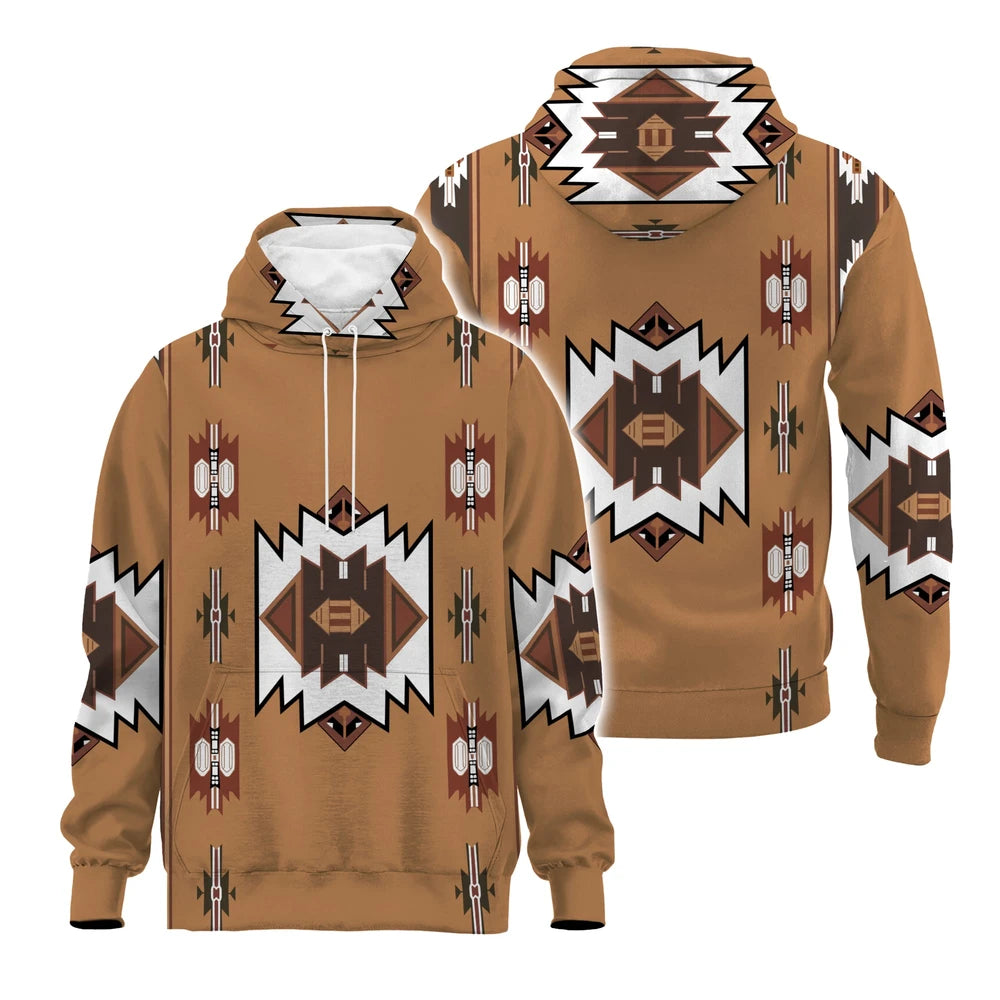 Hoodie with hood up, showcasing vertical tribal stripes and diamond shapes in earth tones, highlighting the front pocket and zipper.