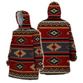 Front and back views of a snug hoodie featuring a Southwest sunset tribal design with deep red, black, and gold geometric patterns, including diamond medallions and zigzag borders across the body, sleeves, and hood.