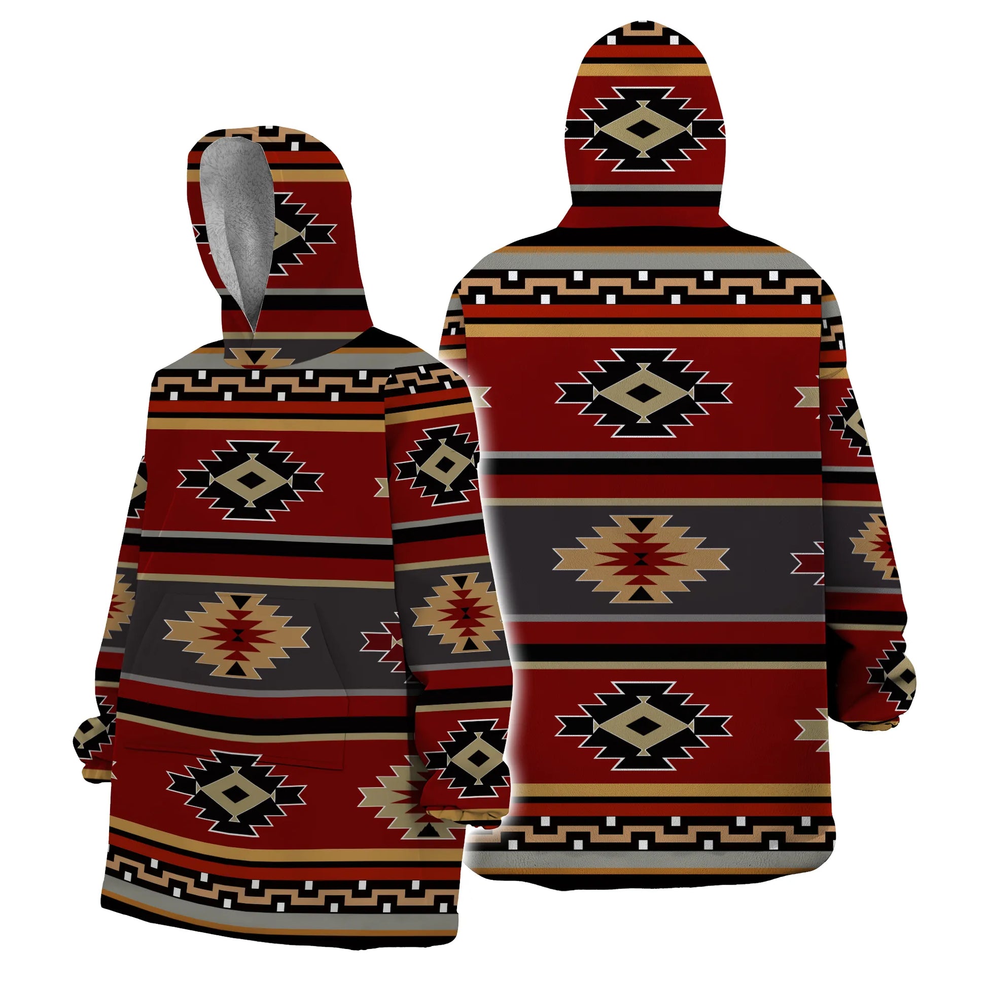 Front and back views of a snug hoodie featuring a Southwest sunset tribal design with deep red, black, and gold geometric patterns, including diamond medallions and zigzag borders across the body, sleeves, and hood.