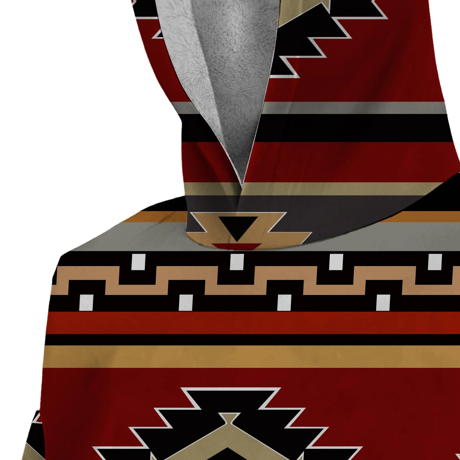 Close-up detail of the hood’s tribal stripe pattern and soft fleece texture on the Southwest Sunset Tribal Snug Hoodies.